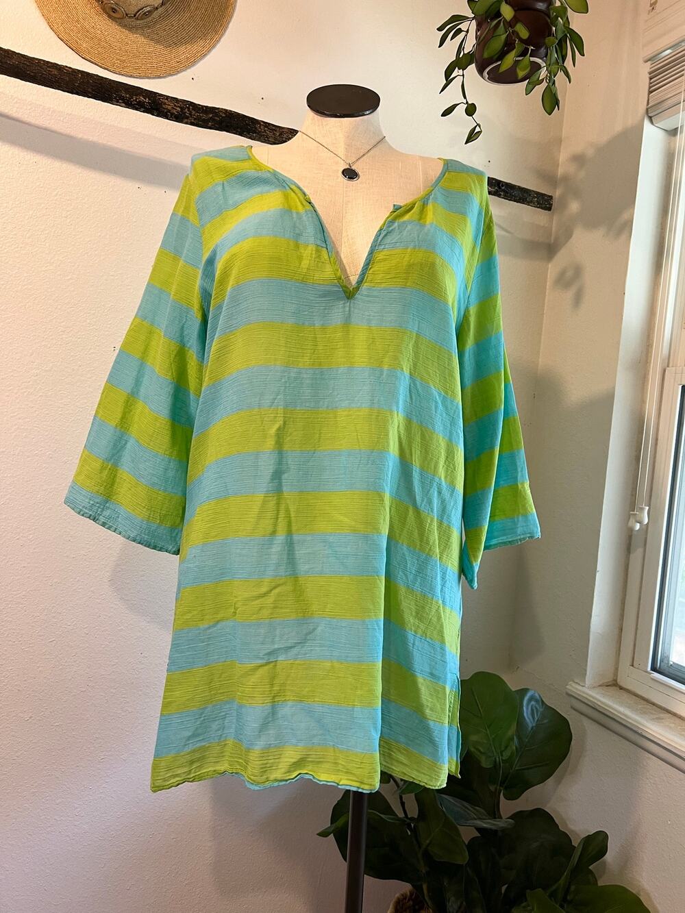 Old Navy Blue & Green Striped Cotton Cover Up Dress Beach Swim Size XXL 2009
